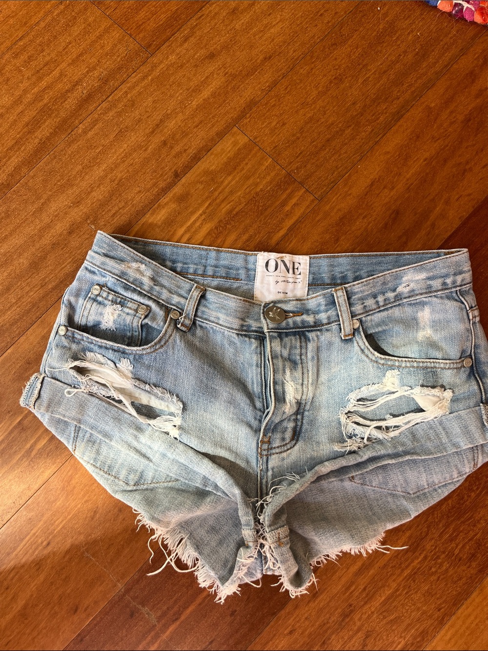 One Teaspoon Light Blue Distressed Denim Shorts